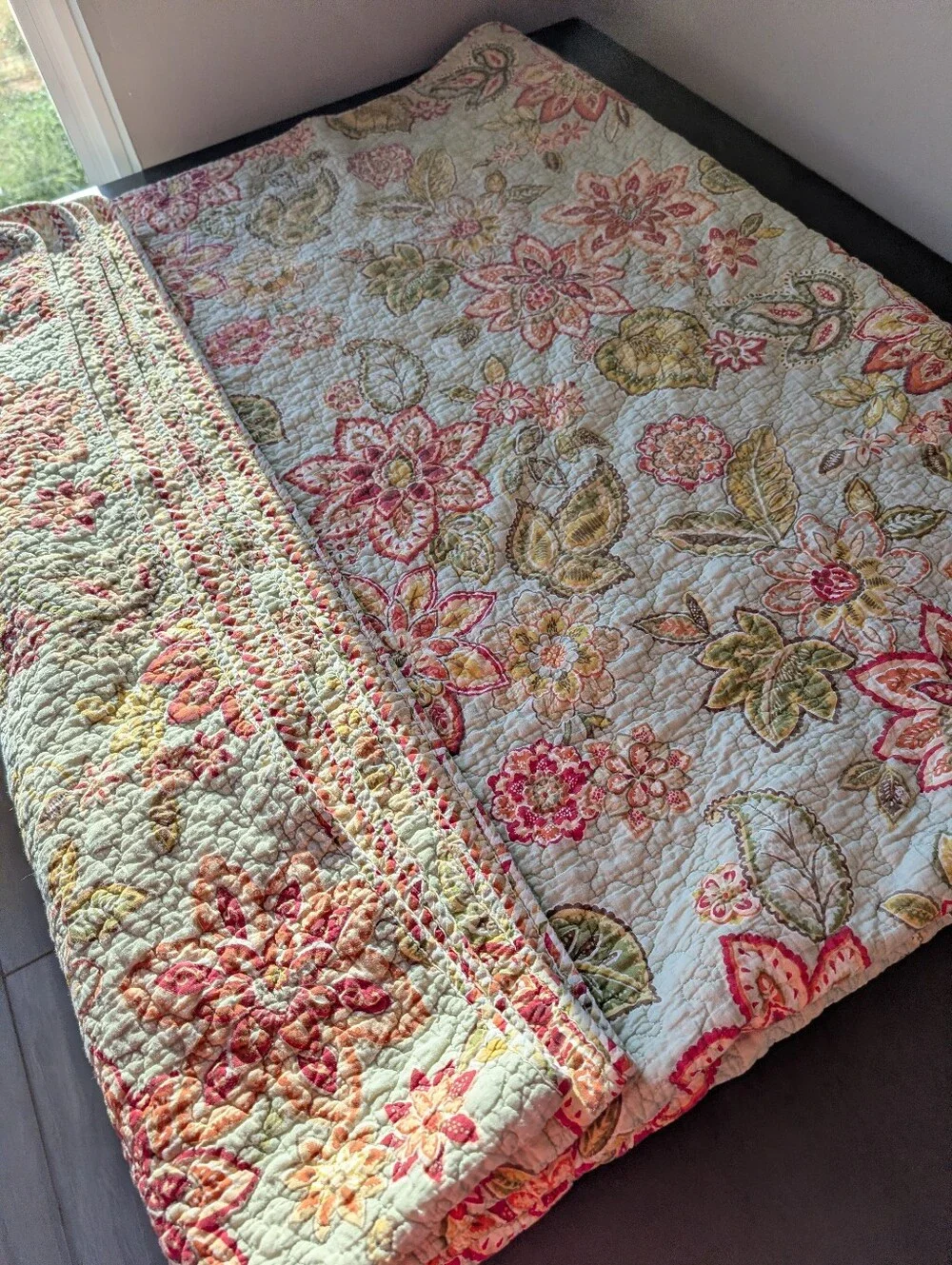 Waverly Floral Green Pink Botanical Quilted Coverlet Bed Spread Size 84